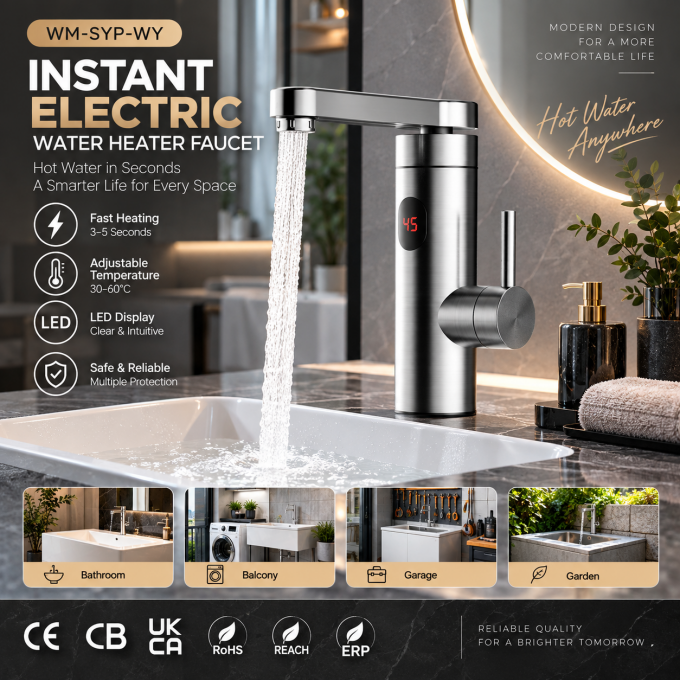 Instant electric heater tap product diagram showing 360Â° rotation feature